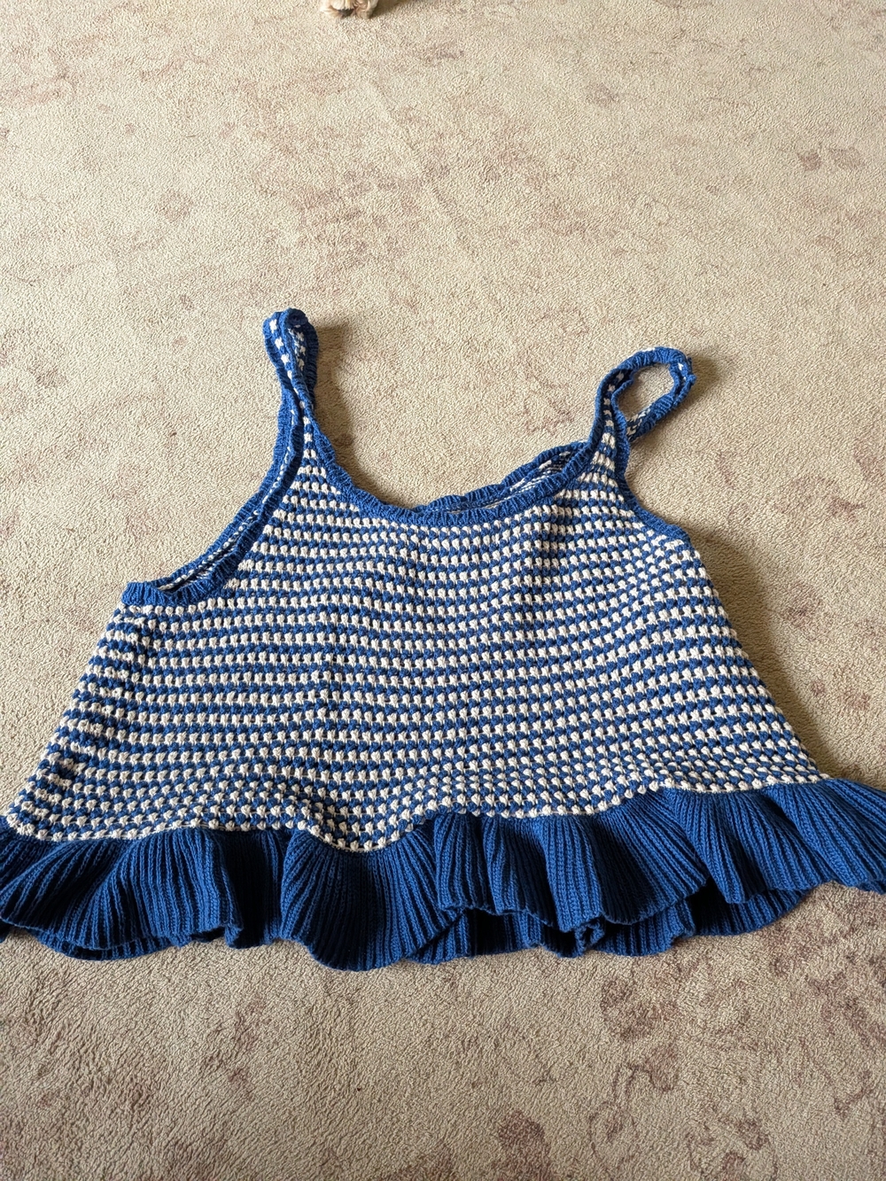 American Eagle Outfitters Blue & White Crocheted Ruffle-Hem Crop Tank